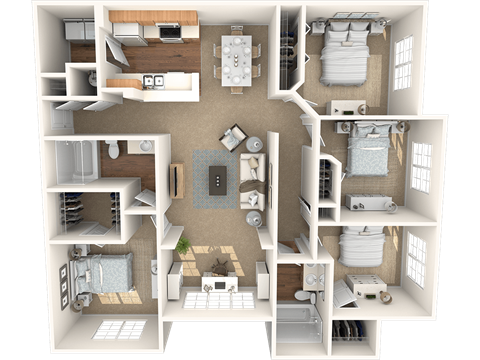 Floor plan for 4 beds, 2 baths, 1456 sqft